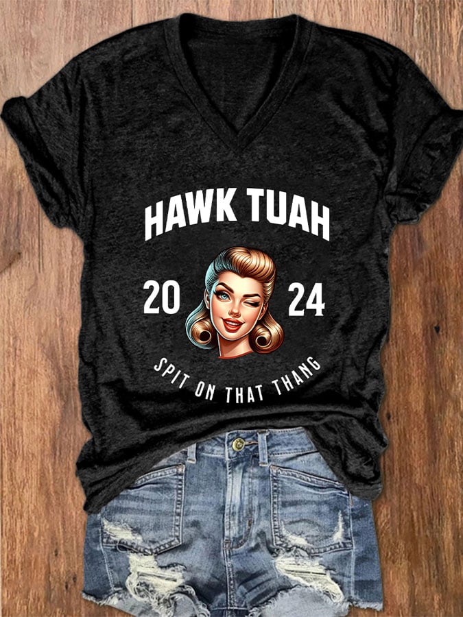 Women's Hawk Tuah Spit On That Thang   V-Neck T-Shirt
