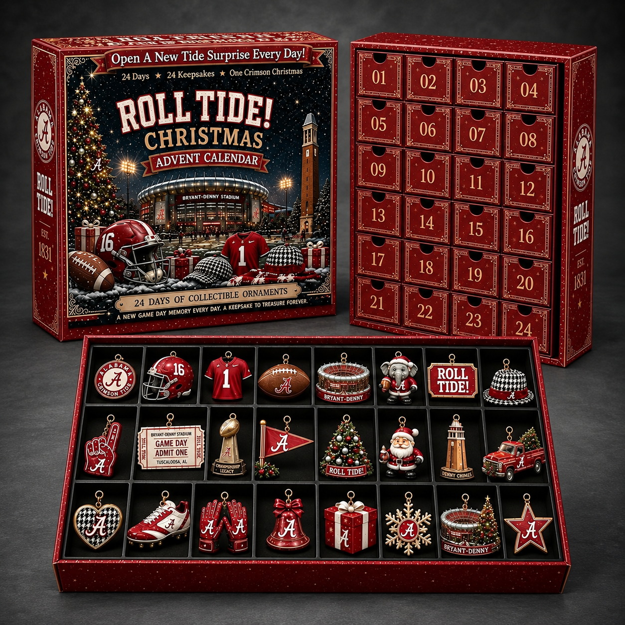 Alabama Crimson Tide 24-Day Advent Calendar dark gray studio background