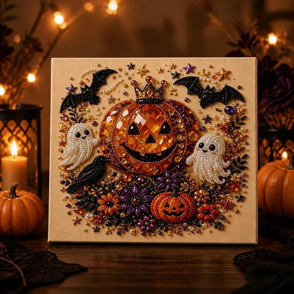 Framed Halloween Crowned Jack-o'-Lantern Wreath Pearl Art DIY Kit