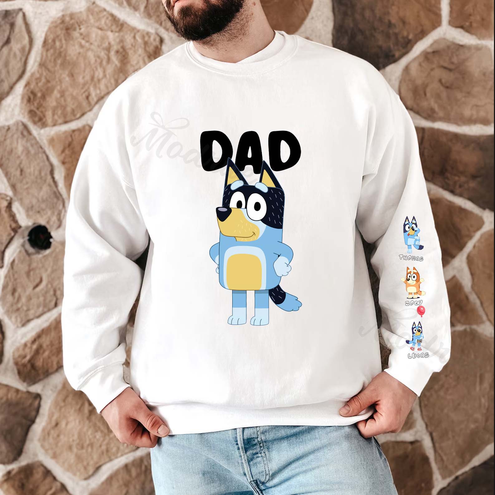 Custom Cartoon DAD Sweatshirt with Kid's Name on Sleeve