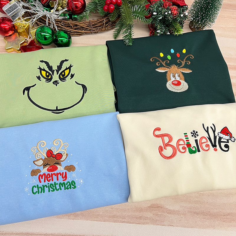 Christmas Sweatshirt Embroidered Believe Santa Cozy Holiday Crewneck Sweater