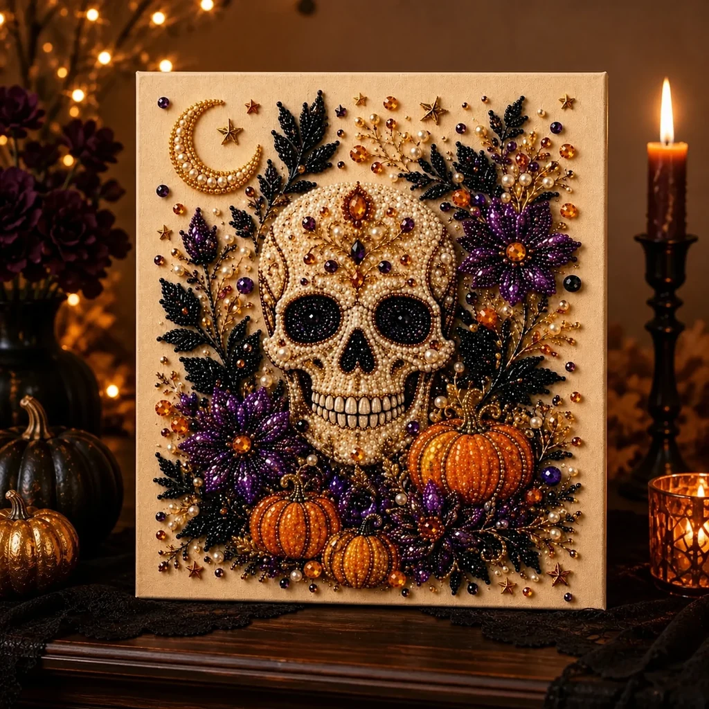Framed Halloween Skull & Pumpkin Pearl Art DIY Kit