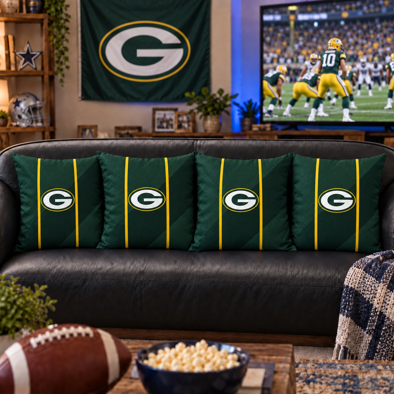 Green Bay Packers Football Throw Pillow - styled room view
