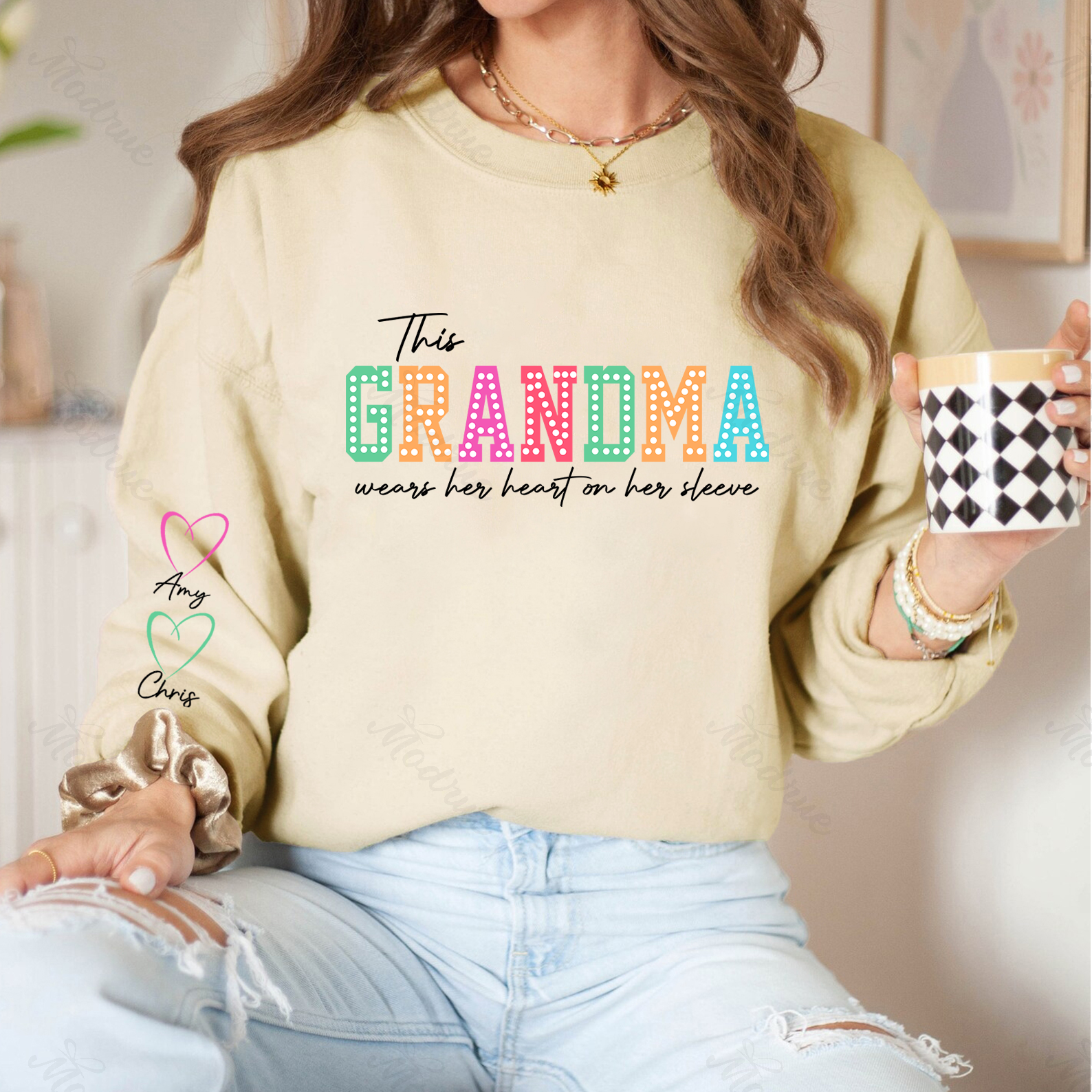 This Mama/Grandma/Nana Wears Her Heart on Her Sleeve Custom Kids Names Sweatshirt