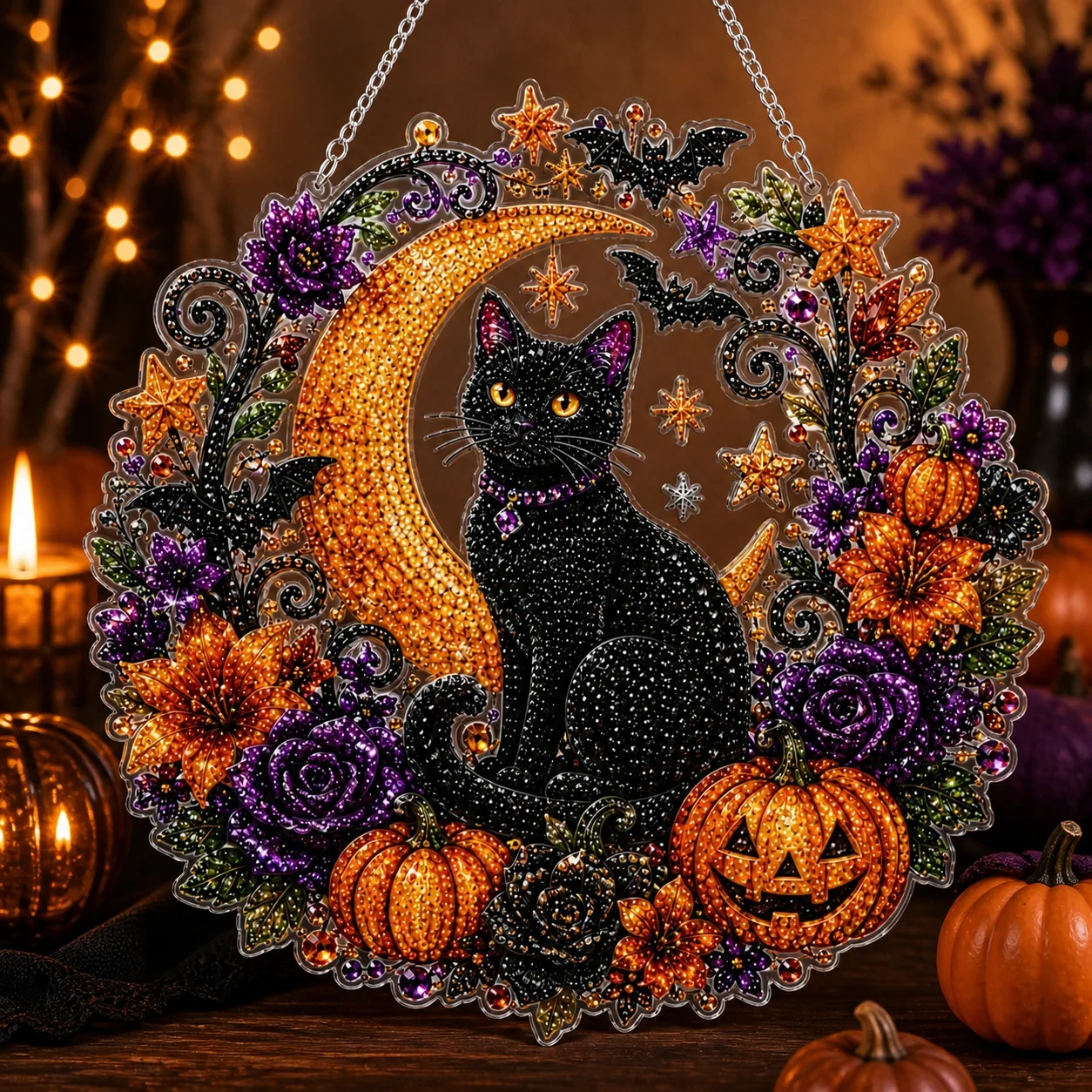 Halloween Round Pearl Art Hanging Kit - Black Cat Moon & Pumpkins