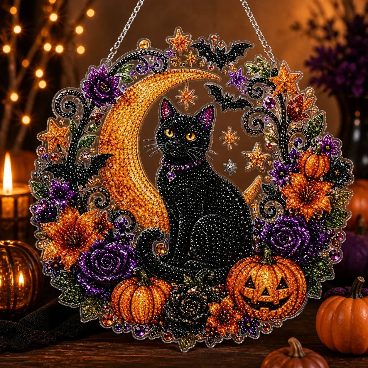 Halloween Round Pearl Art Hanging Kit - Black Cat Moon & Pumpkins