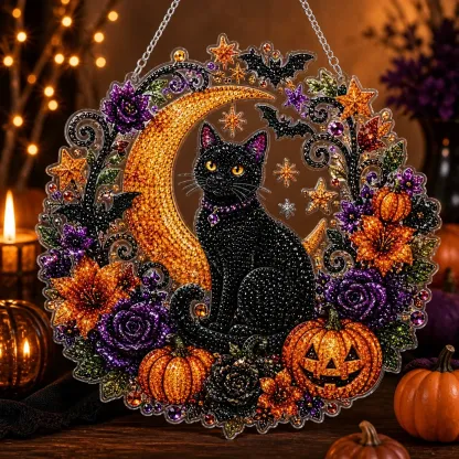 Halloween Round Pearl Art Hanging Kit - Black Cat Moon & Pumpkins