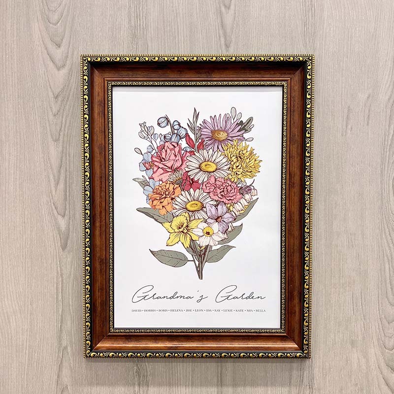 Birth Flower Family Bouquet Custom Names Frame Pro