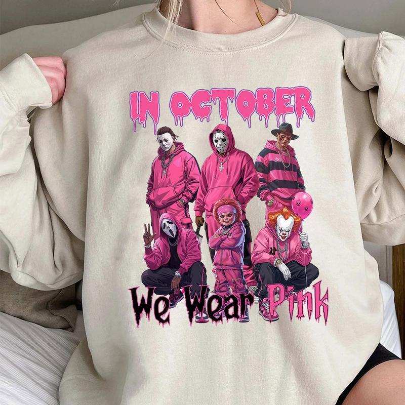 Halloween “In October We Wear Pink” Horror Characters Streetwear - Crewneck, Hoodie & Tee