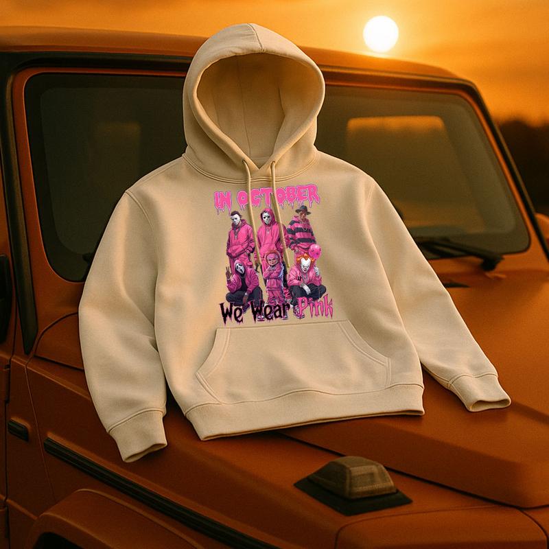 Halloween “In October We Wear Pink” Horror Characters Streetwear - Crewneck, Hoodie & Tee