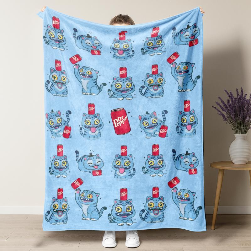 Dr Pepper Cute Cartoon Cat Graphic Blanket (Multiple Colors)
