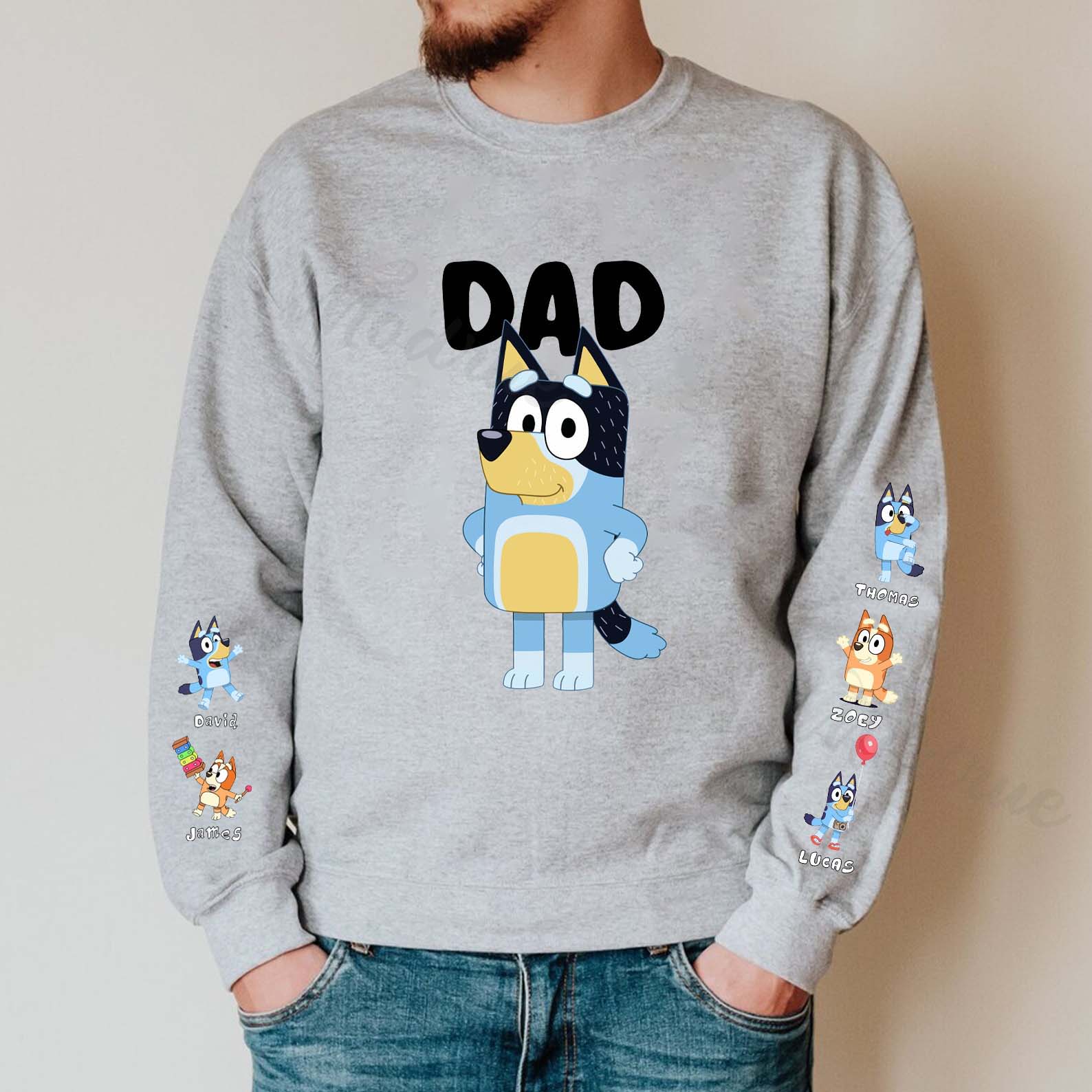 Custom Cartoon DAD Sweatshirt with Kid's Name on Sleeve