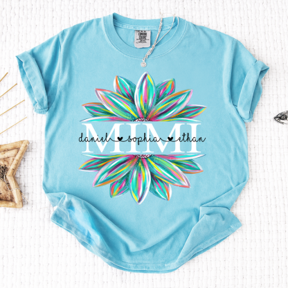 Personalized Colorful Flower Mimi T-Shirt – Custom Grandkids Name Gift Tee
