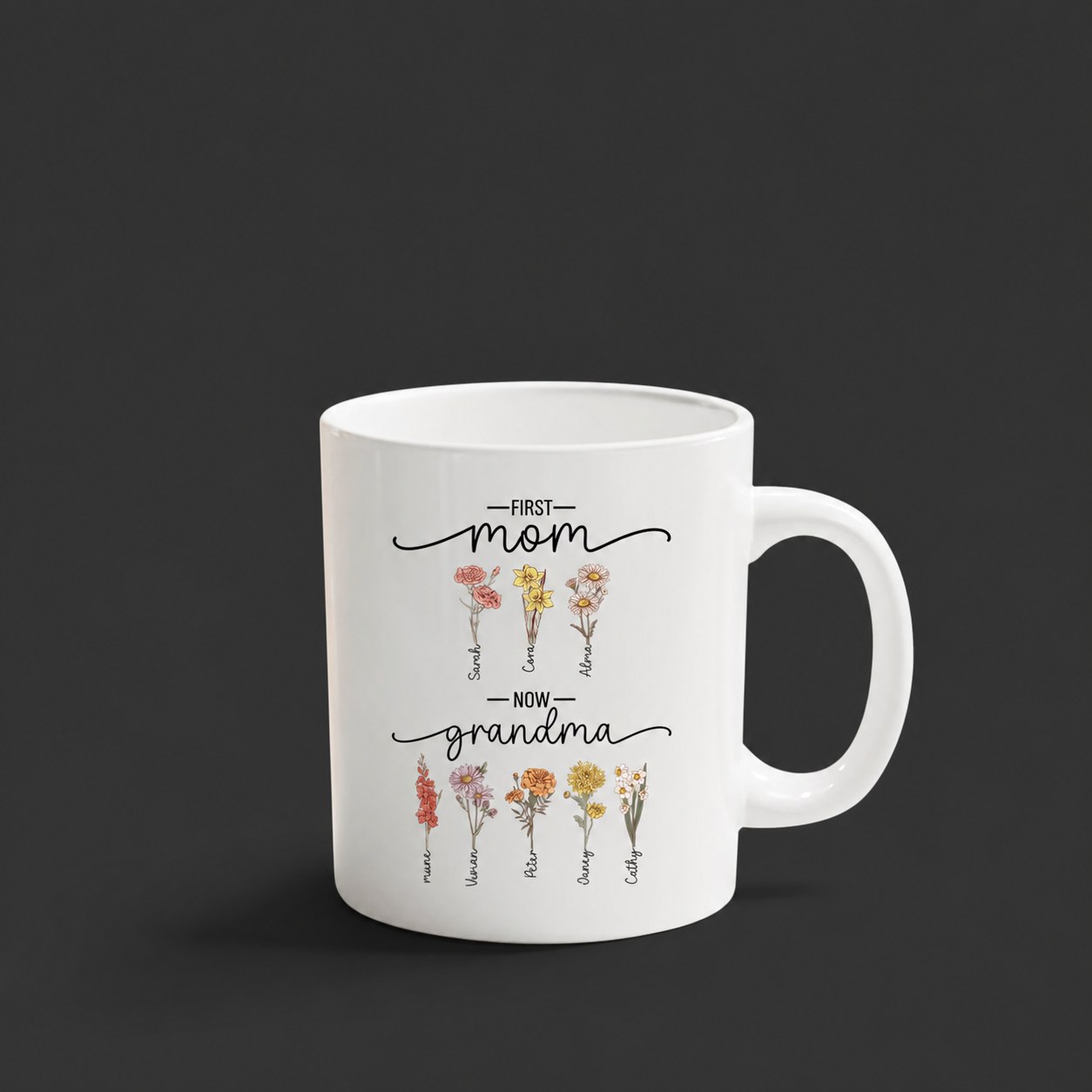 First Mom Now Grandma - Birth Flower Family Custom mug