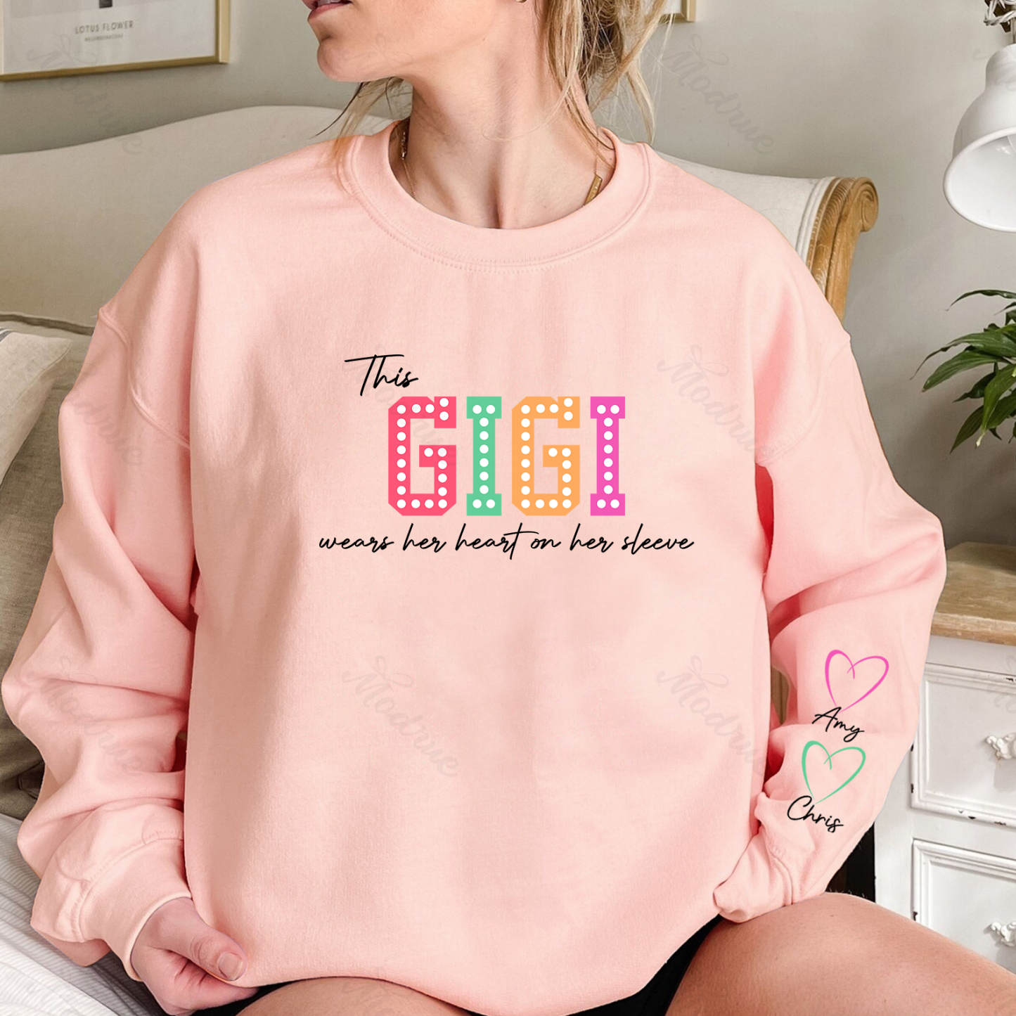 This Mama/Grandma/Nana Wears Her Heart on Her Sleeve Custom Kids Names Sweatshirt