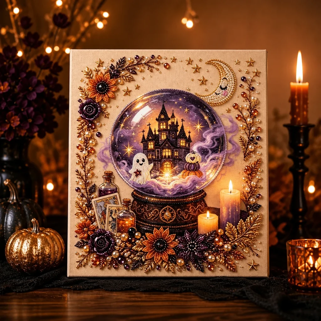 Framed Halloween Haunted Castle Crystal Ball Pearl Art DIY Kit