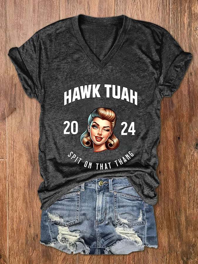 Women's Hawk Tuah Spit On That Thang   V-Neck T-Shirt