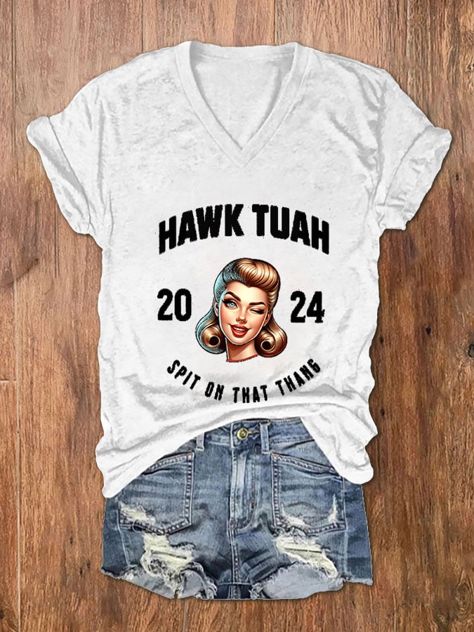 Women's Hawk Tuah Spit On That Thang   V-Neck T-Shirt