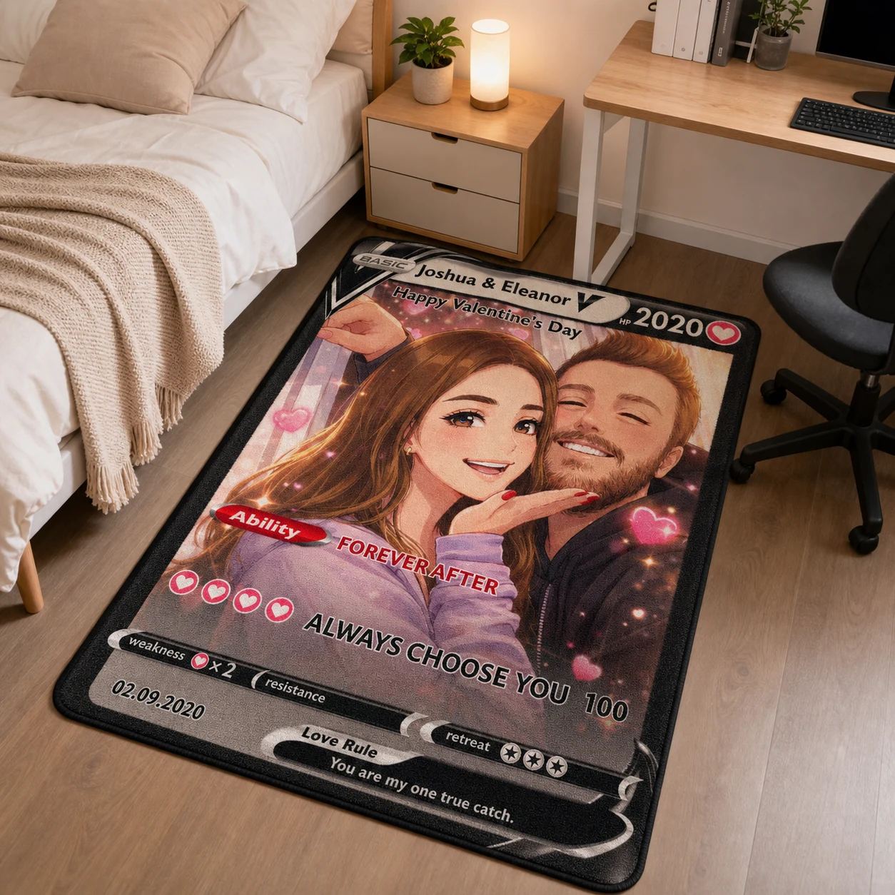 Personalized Couple Anime Art Rug styled in a bedroom and gaming space