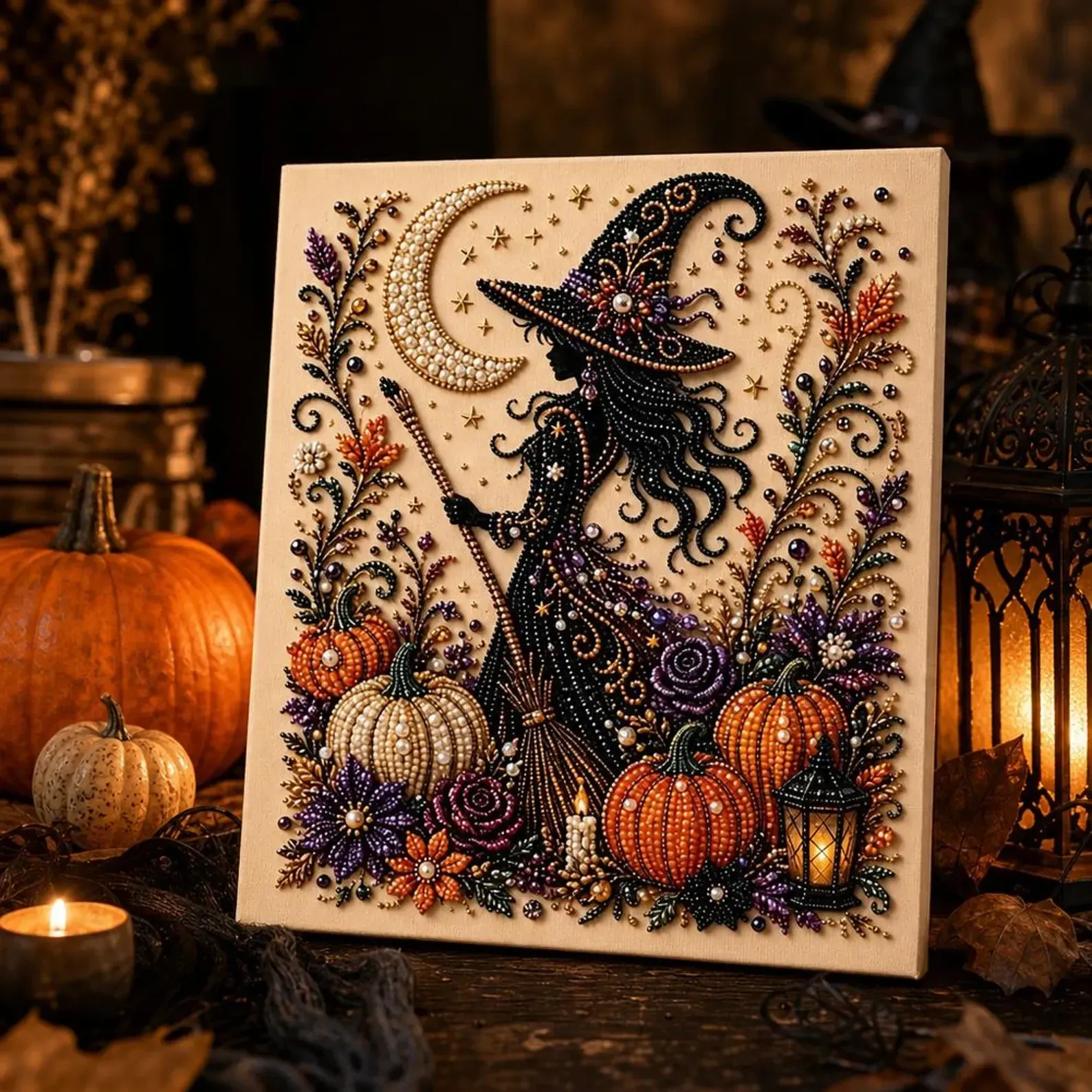 Completed witch pearl art in a seasonal setting