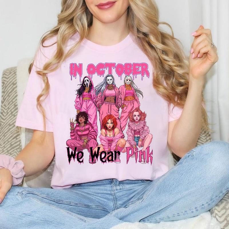 In October We Wear Pink Halloween Hoodie - Cute Horror Characters Graphic Tee & Crewneck
