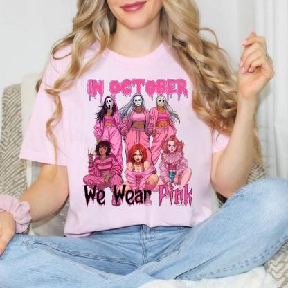 In October We Wear Pink Halloween Hoodie - Cute Horror Characters Graphic Tee & Crewneck
