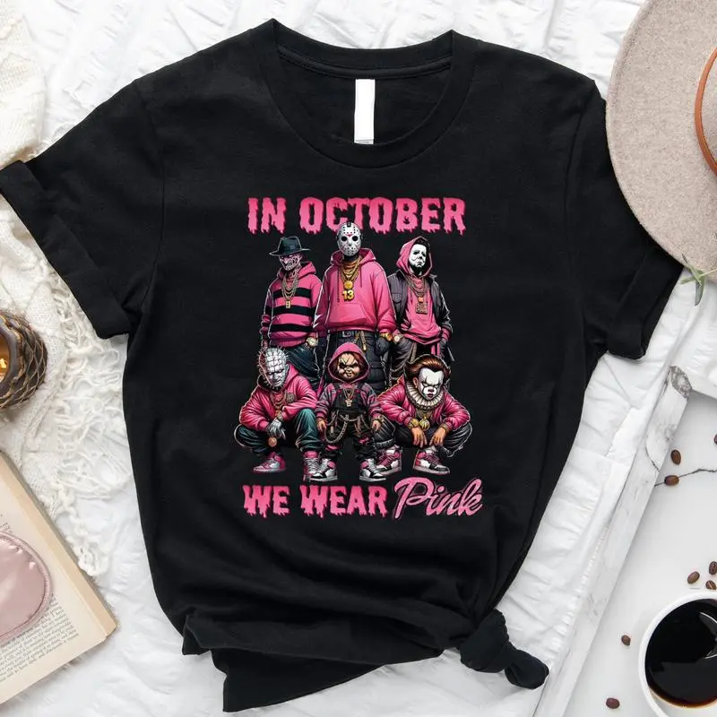 Halloween Horror IP Pink Print T-Shirt - Black Cotton Loose Fit Short Sleeve (In October We Wear Pink)