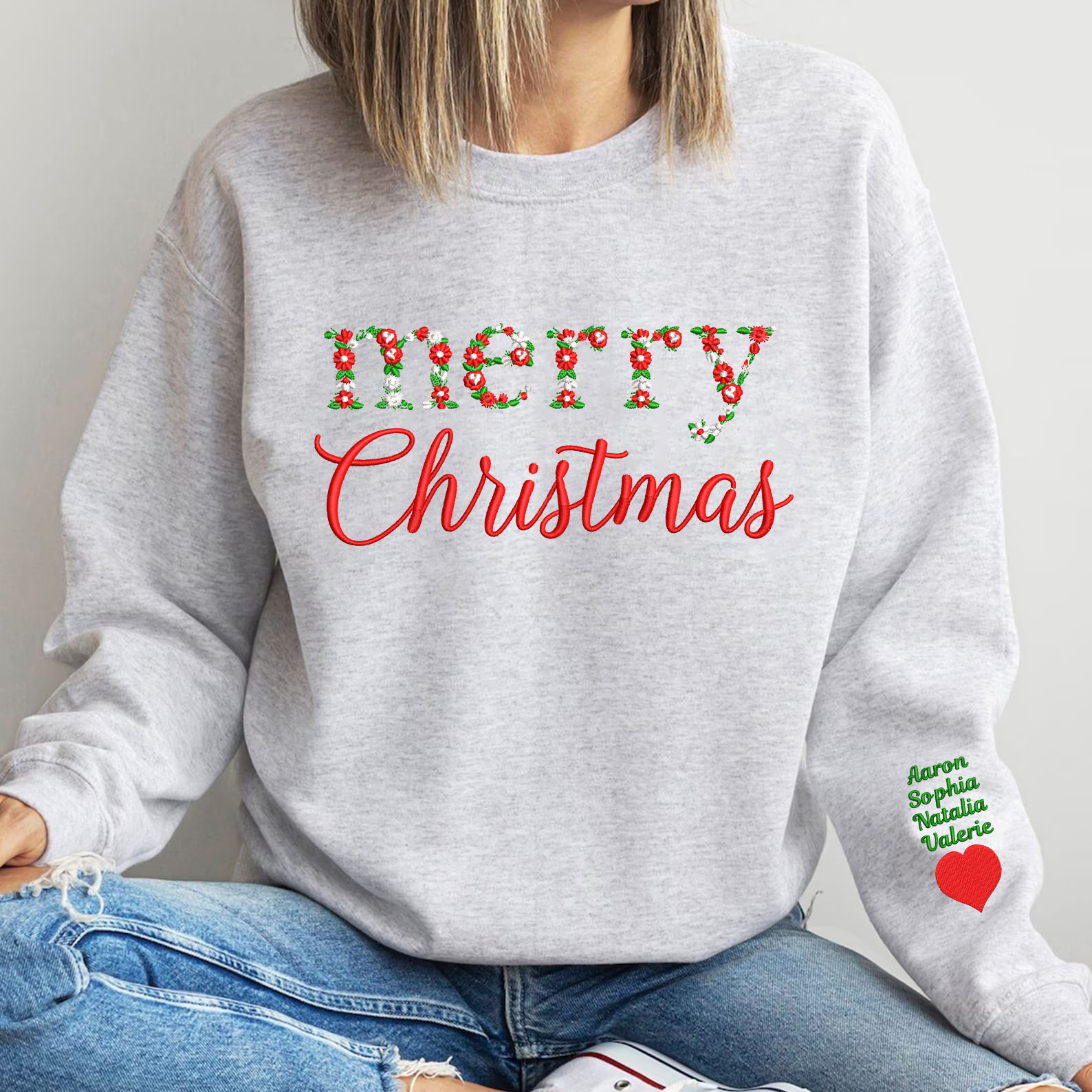 Merry Christmas Floral Embroidered Sweatshirt