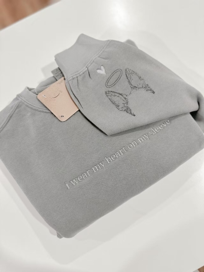 Custom Pet Embroidery Sweatshirt - Personalized Pet Portrait Sleeve Sweatshirt with “I Wear My Heart on My Sleeve”