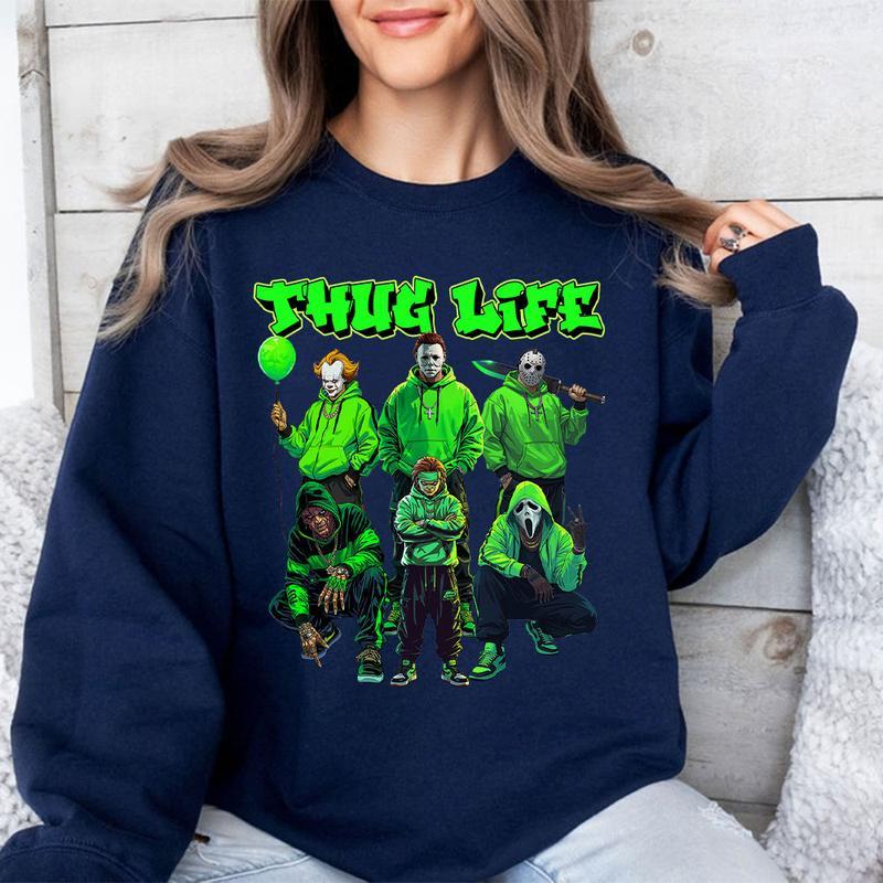 Thug Life Neon Green Horror Characters Streetwear - Crewneck Hoodie & T-Shirt