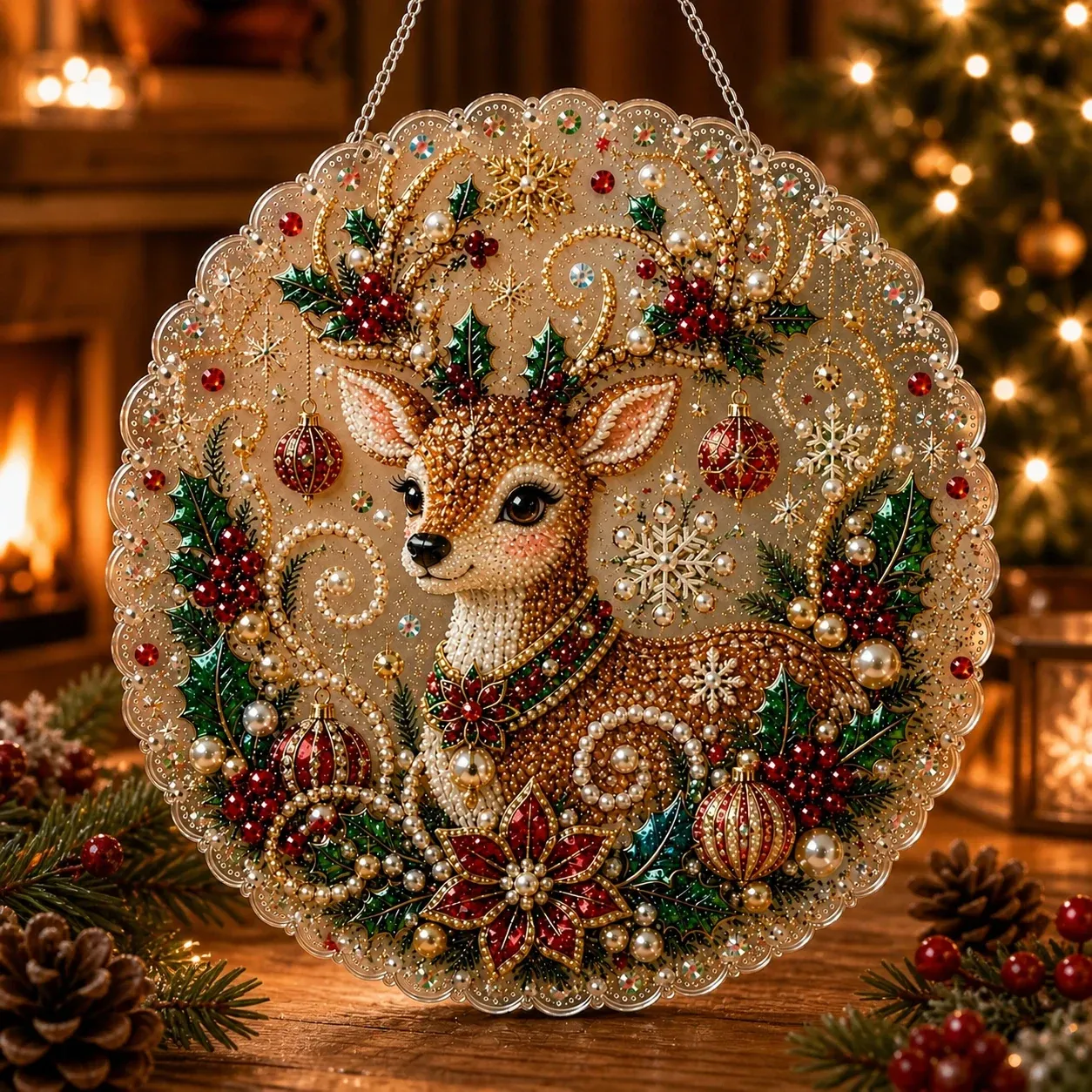 Christmas Round Pearl Art Hanging Kit - Reindeer