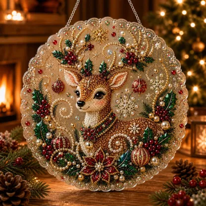 Christmas Round Pearl Art Hanging Kit - Reindeer