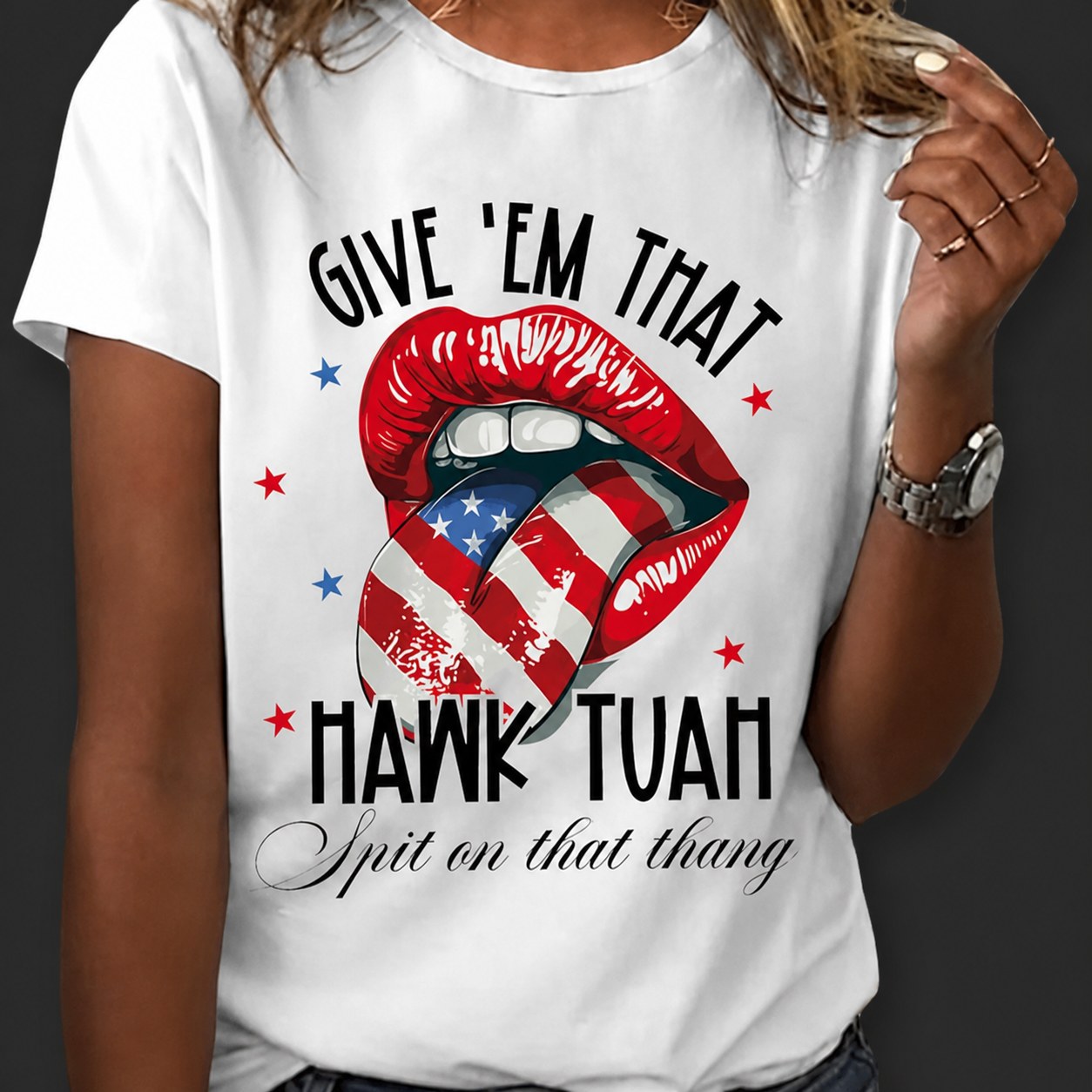  Hawk Tuah Spit On That Thing Print Crew Neck T-Shirt