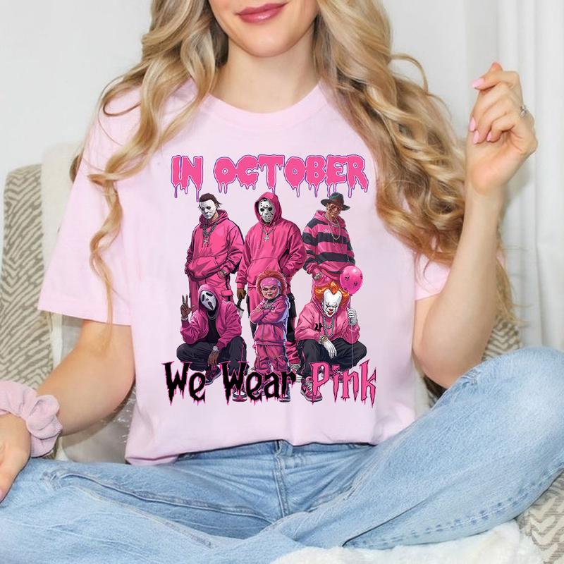 Halloween “In October We Wear Pink” Horror Characters Streetwear - Crewneck, Hoodie & Tee