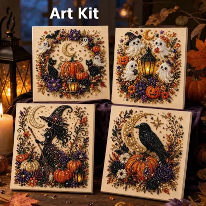 Four Halloween pearl art designs including witch