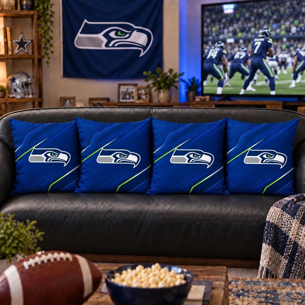 Seattle Seahawks Football Throw Pillow - styled room view