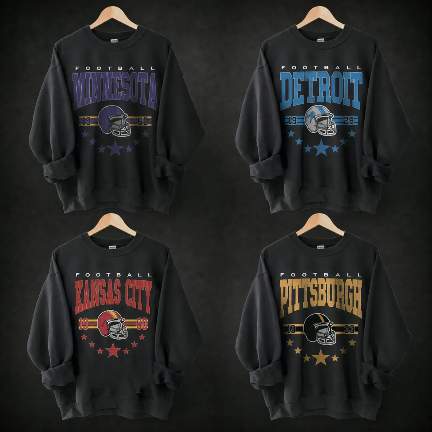 Retro NFL Team Hoodies - Minnesota/Detroit/Kansas City/Pittsburgh