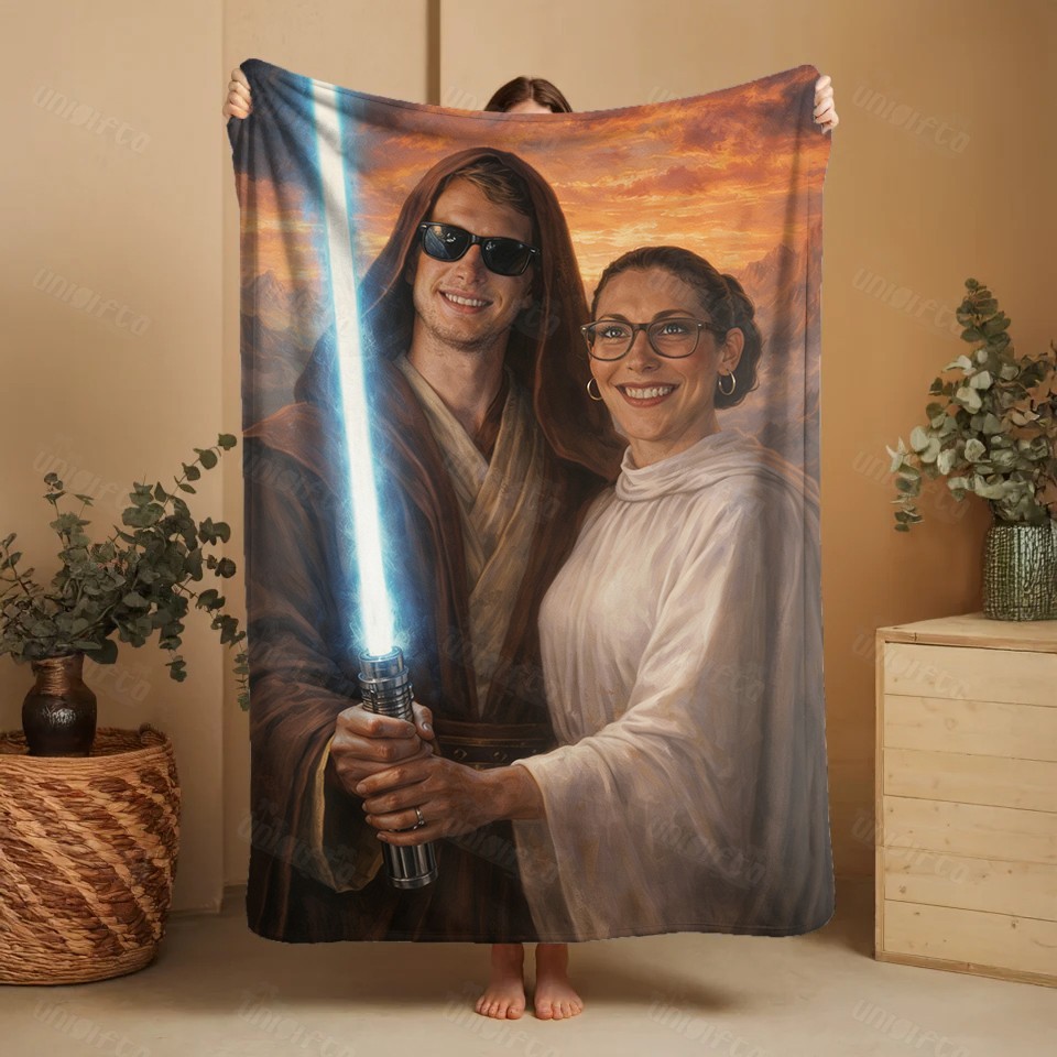 Custom Lightsaber Galactic Hero Couple Family Portrait Blanket Gift