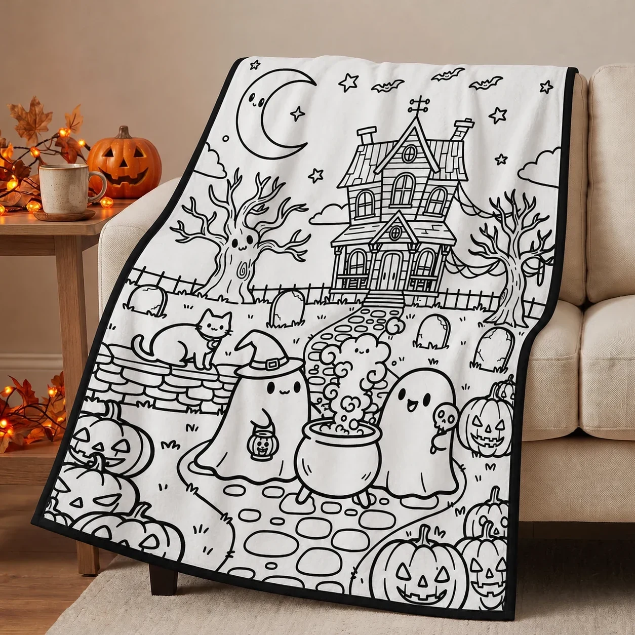 Halloween Coloring Blanket - Ghostly Haunted House