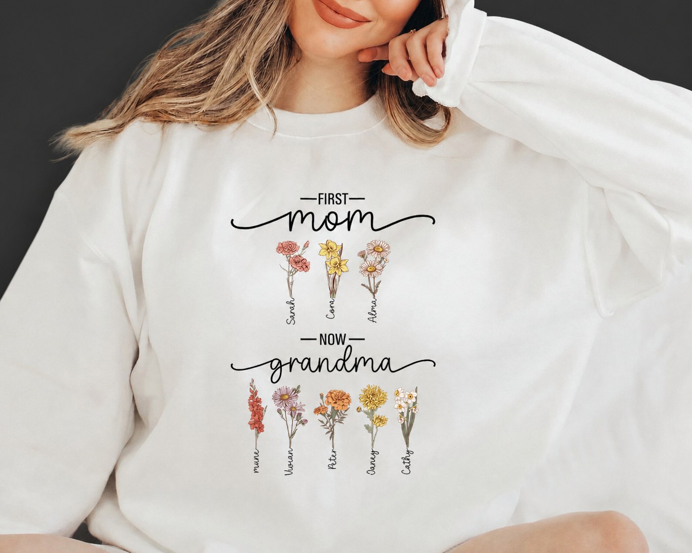 First Mom Now Grandma - Birth Flower Family  Custom Hoodie/Crewneck/T-shirt