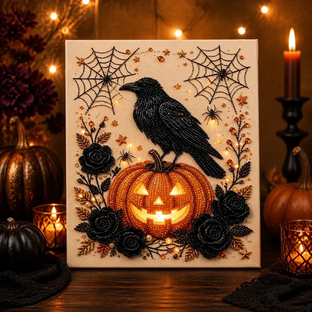 Framed Halloween Raven and Jack-o'-Lantern Pearl Art DIY Kit