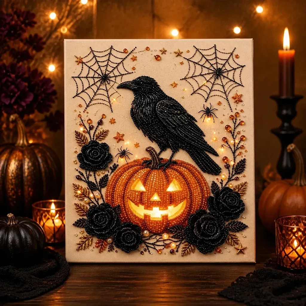 Framed Halloween Raven and Jack-o'-Lantern Pearl Art DIY Kit