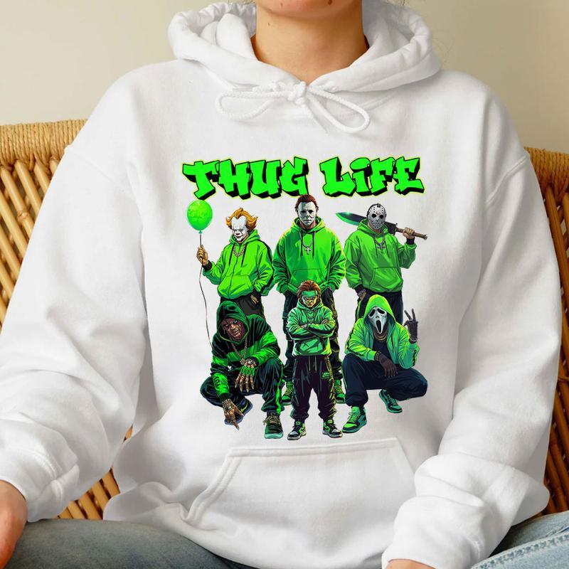 Thug Life Neon Green Horror Characters Streetwear - Crewneck Hoodie & T-Shirt