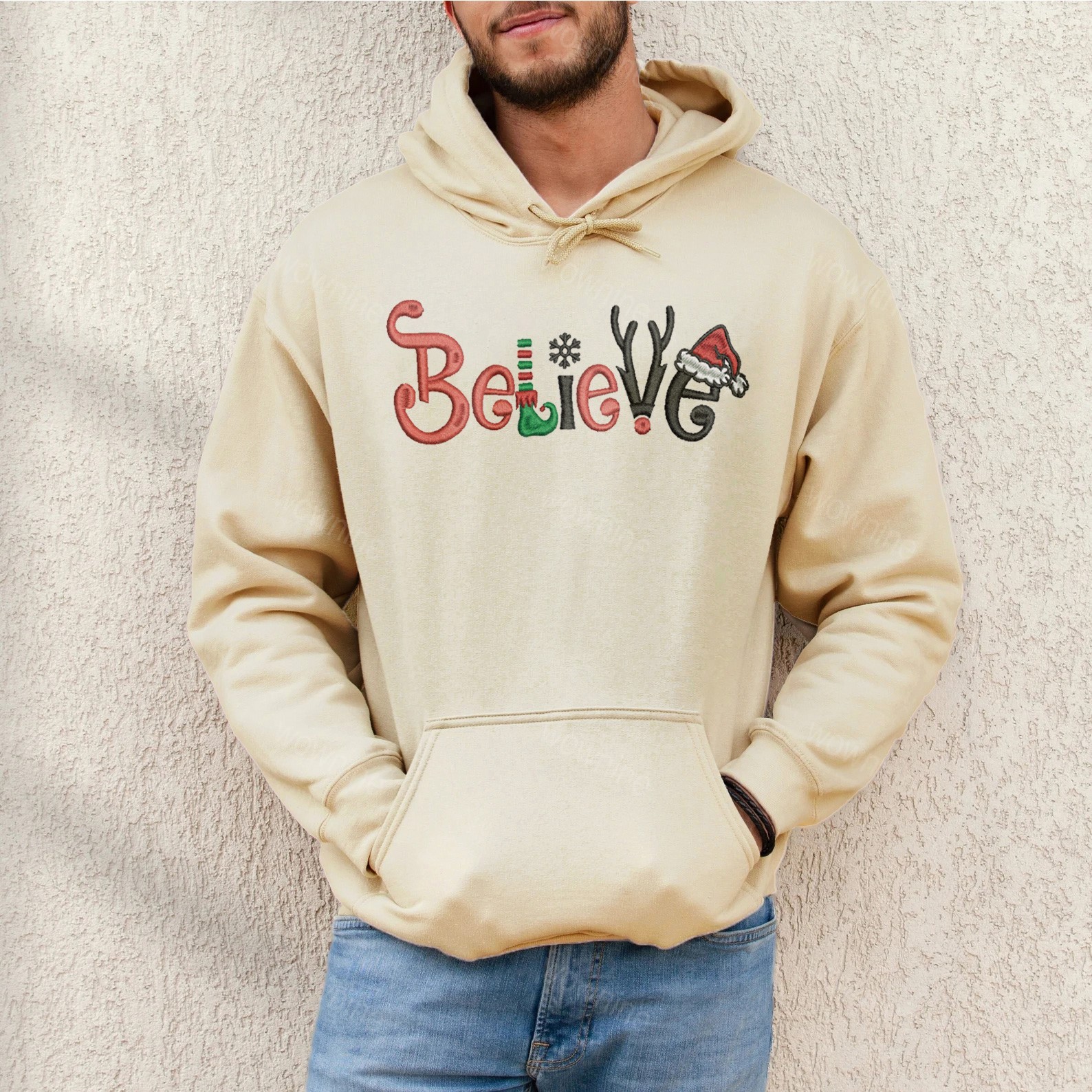 Christmas Sweatshirt Embroidered Believe Santa Cozy Holiday Crewneck Sweater