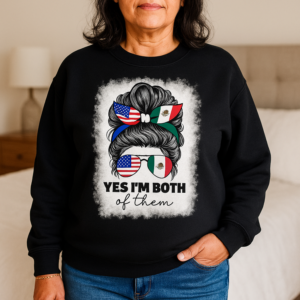 “Bicultural Pride” USA - Mexico Flag Messy Bun Tee