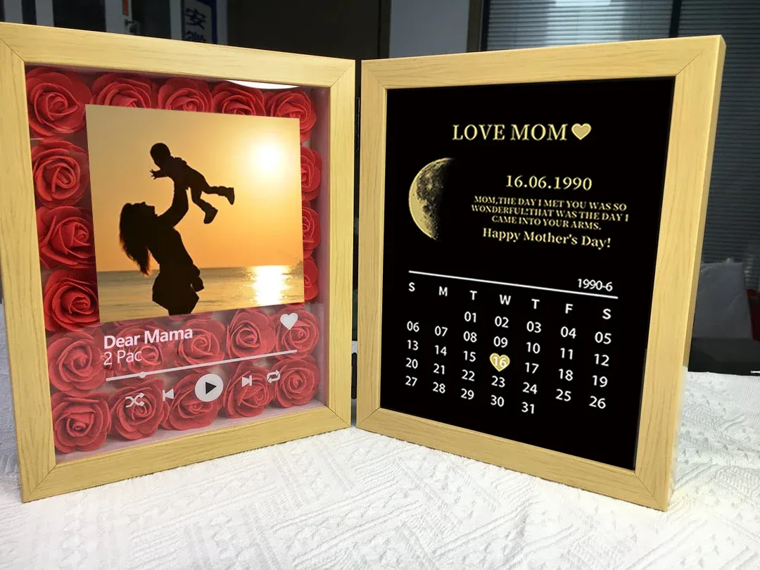 (Square With Song) Custom Flowers Frame for Mom Grandma with REAL MOON PHASE Anniversary Calendar