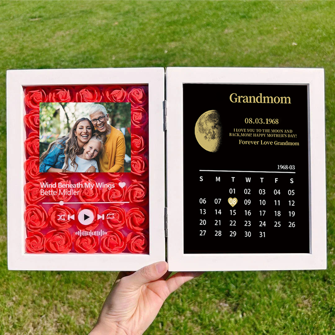 (Square With Song) Custom Flowers Frame for Mom Grandma with REAL MOON PHASE Anniversary Calendar