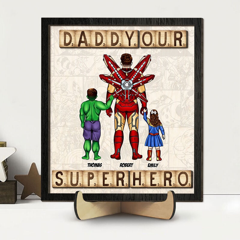 Personalized Wooden Frame Daddy Our Superhero with Optional Hero Cool Gift for Father's Day