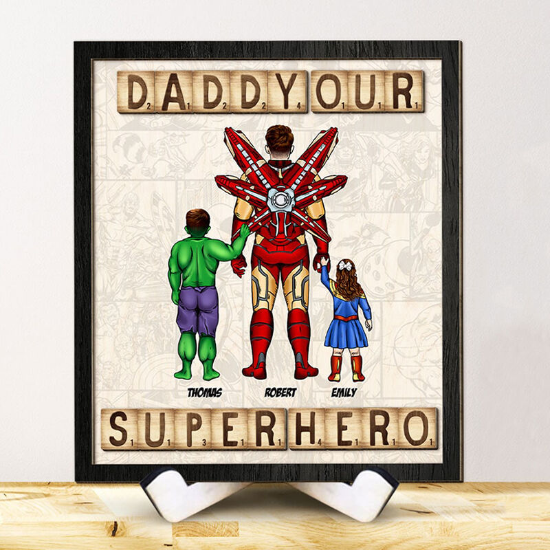 Personalized Wooden Frame Daddy Our Superhero with Optional Hero Cool Gift for Father's Day