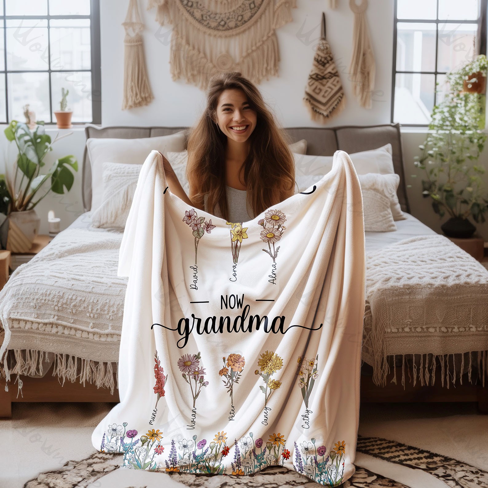 First Mom Now Grandma - Birth Flower Family Customized Blanket